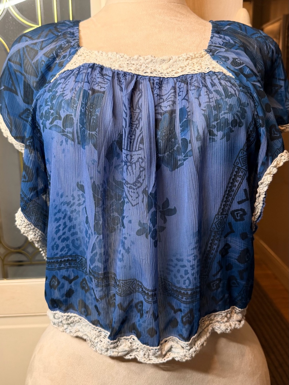 Volume One Blue Sheer Crochet Lace Whimsigoth Boho Flutter Sleeve Top
